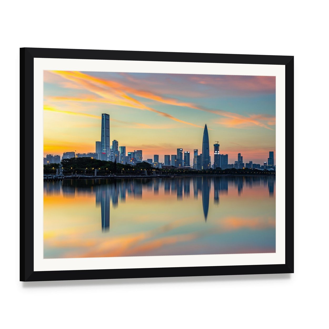 Shenzhen Bay Houhai Skyline at Sunset Canvas Wall Art, framed print with white mat and black frame, angled product view