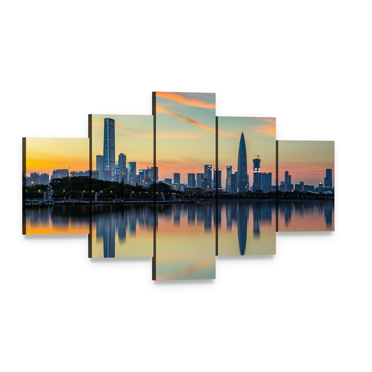 Shenzhen Bay Houhai Skyline at Sunset Canvas Wall Art, 5 panel 5 Star layout gallery wrapped canvas set, angled product view