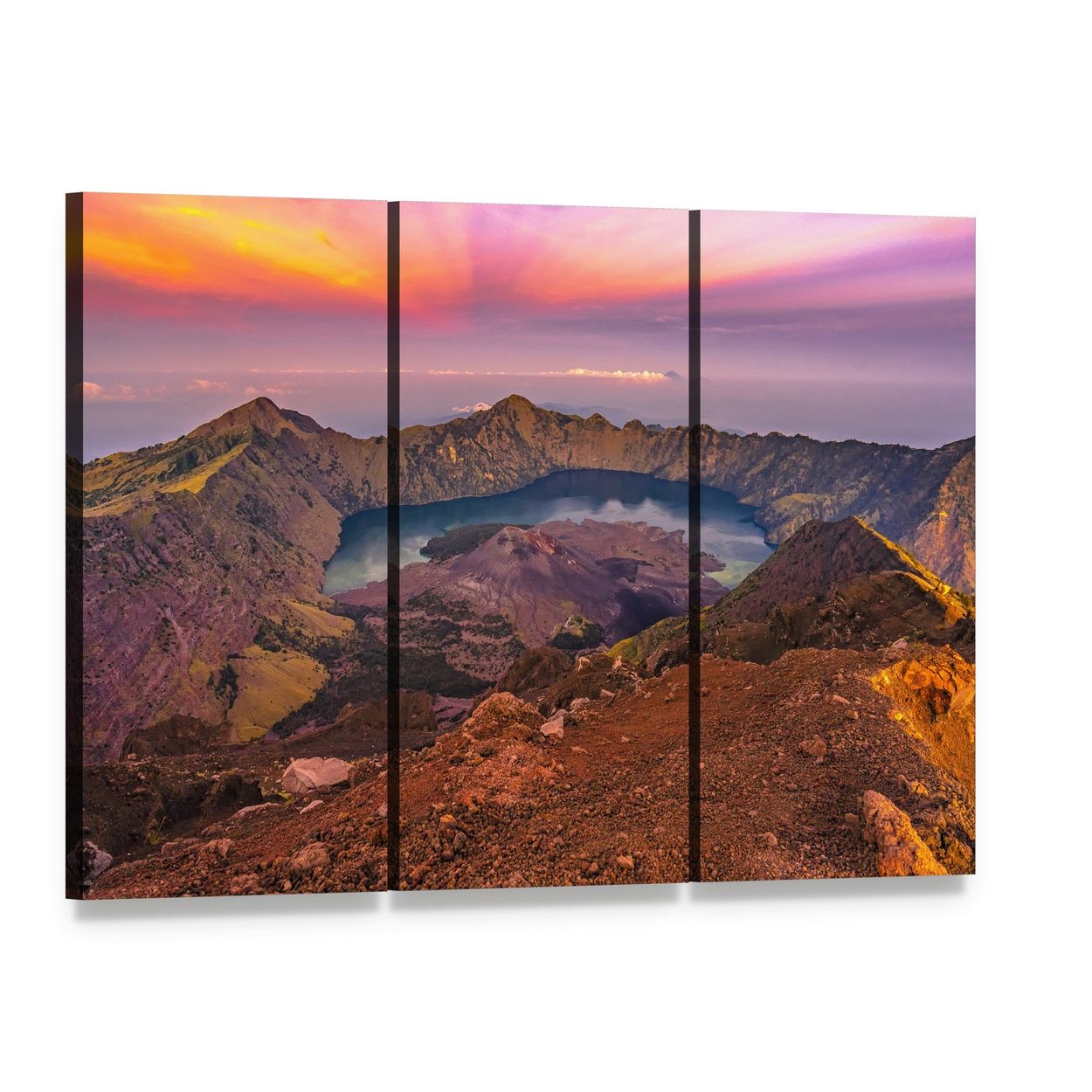 Rinjani Crater Lake at Sunset Canvas Wall Art, 3 panel 3 Horizontal layout gallery wrapped canvas set, angled product view