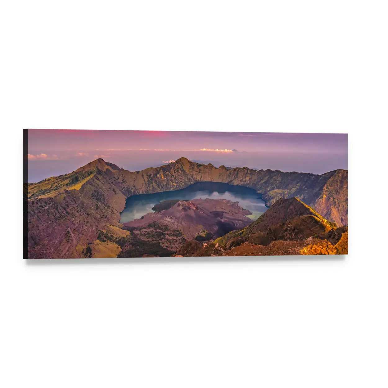 Volcanic Caldera Lake at Twilight Panoramic Canvas Wall Art, single panel gallery wrapped canvas, angled product view