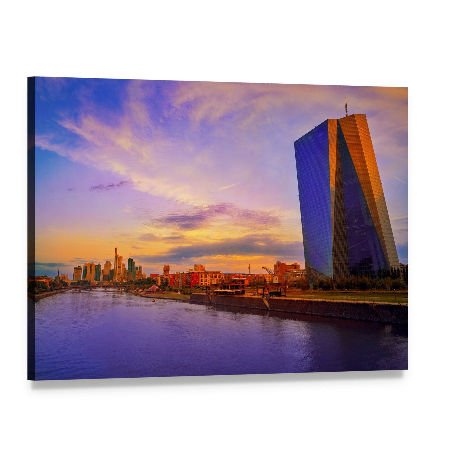 Frankfurt Skyline Over Meno River Canvas Wall Art, single panel gallery wrapped canvas, angled product view
