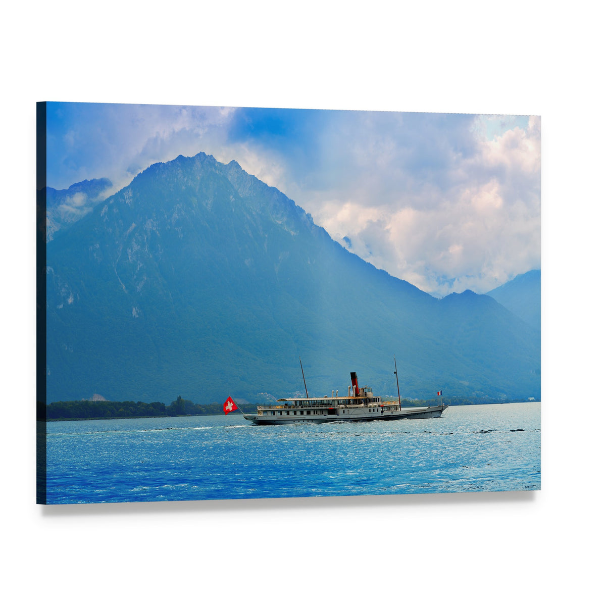 Paddle Steamer on Lake with Swiss Flag Canvas Wall Art, single panel gallery wrapped canvas, angled product view