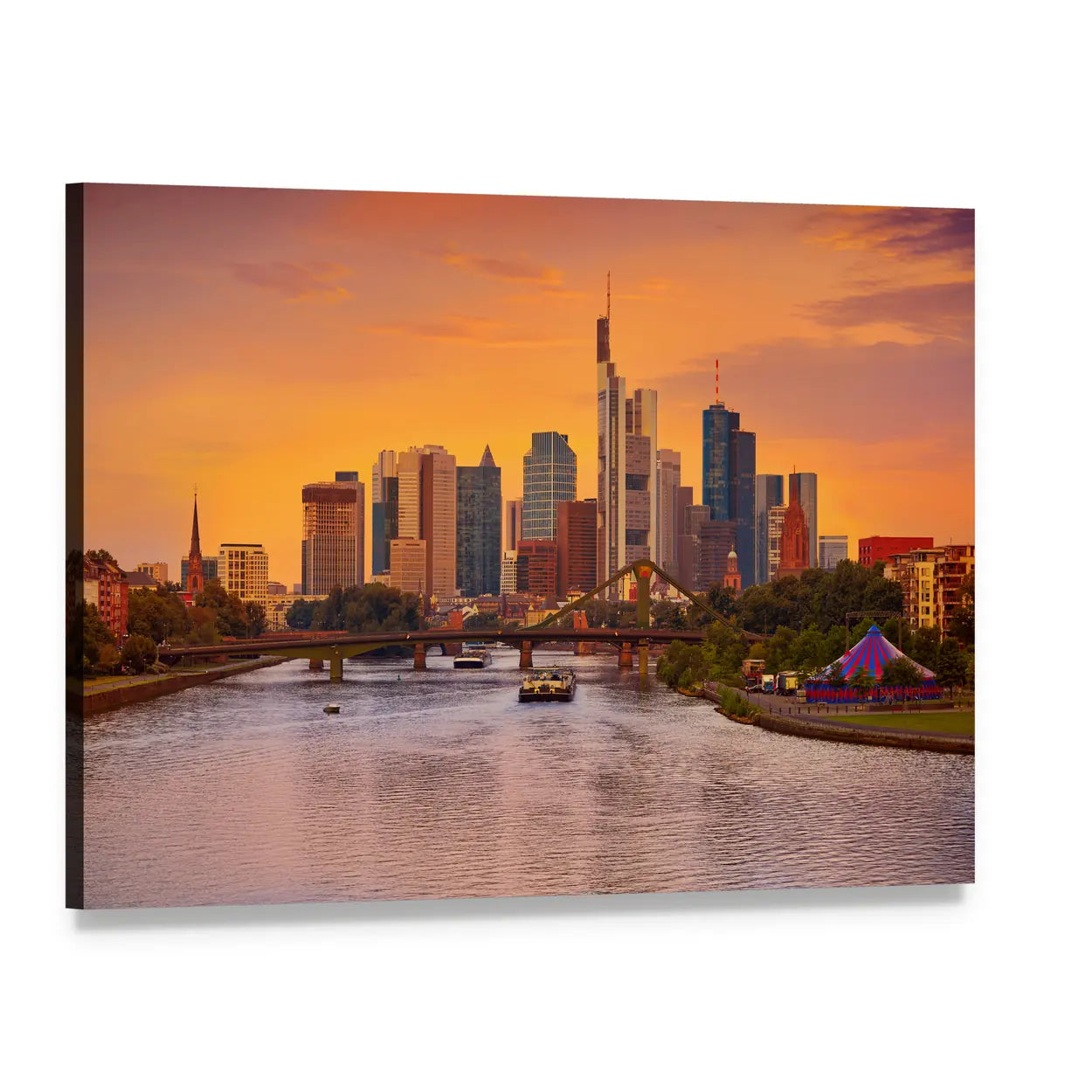 Frankfurt Skyline at Dusk Over Main River Canvas Wall Art, single panel gallery wrapped canvas, angled product view