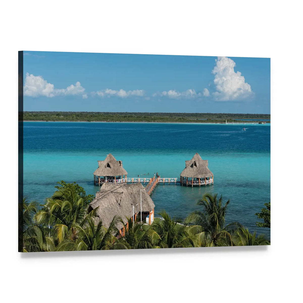 Bacalar Lagoon Tropical Huts Over Turquoise Water Canvas Wall Art, single panel gallery wrapped canvas, angled product view
