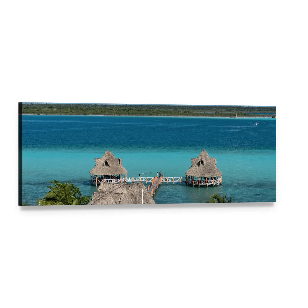 Bacalar Lagoon Thatched Huts Panoramic Canvas Wall Art, single panel gallery wrapped canvas, angled product view