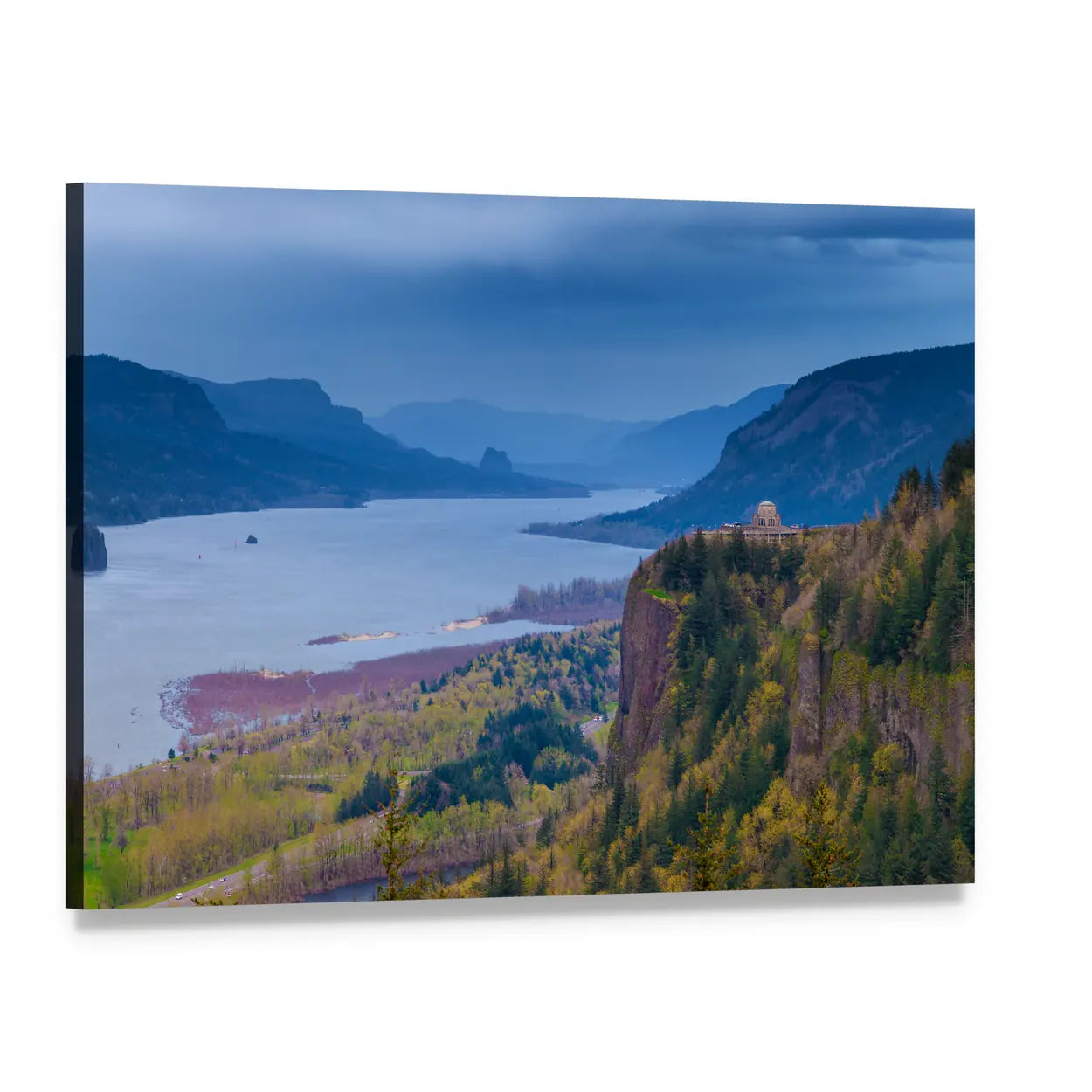 Vista House Over the Columbia River Canvas Wall Art, single panel gallery wrapped canvas, angled product view