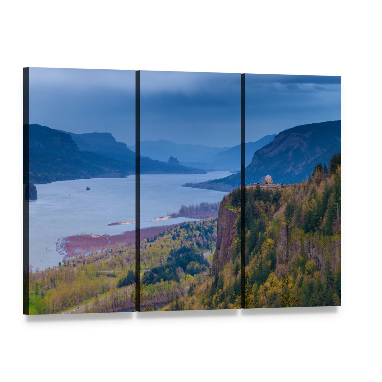 Vista House Over Columbia River Canvas Wall Art, 3 panel 3 Horizontal layout gallery wrapped canvas set, angled product view