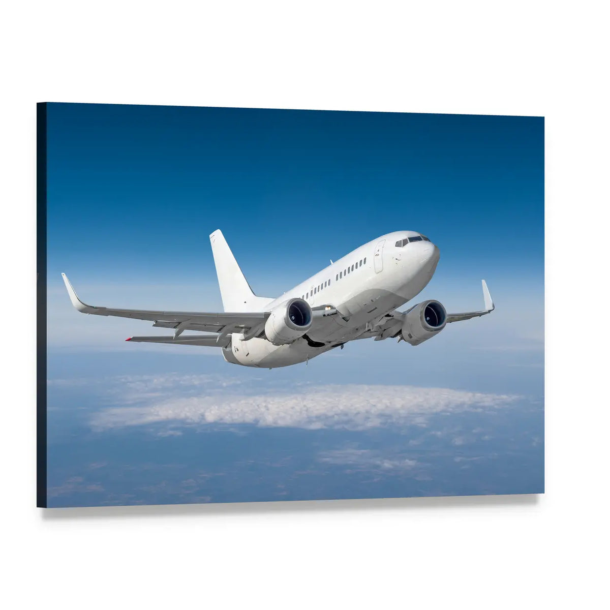 Twin-engine Passenger Jet Above Clouds Canvas Wall Art, single panel gallery wrapped canvas, angled product view