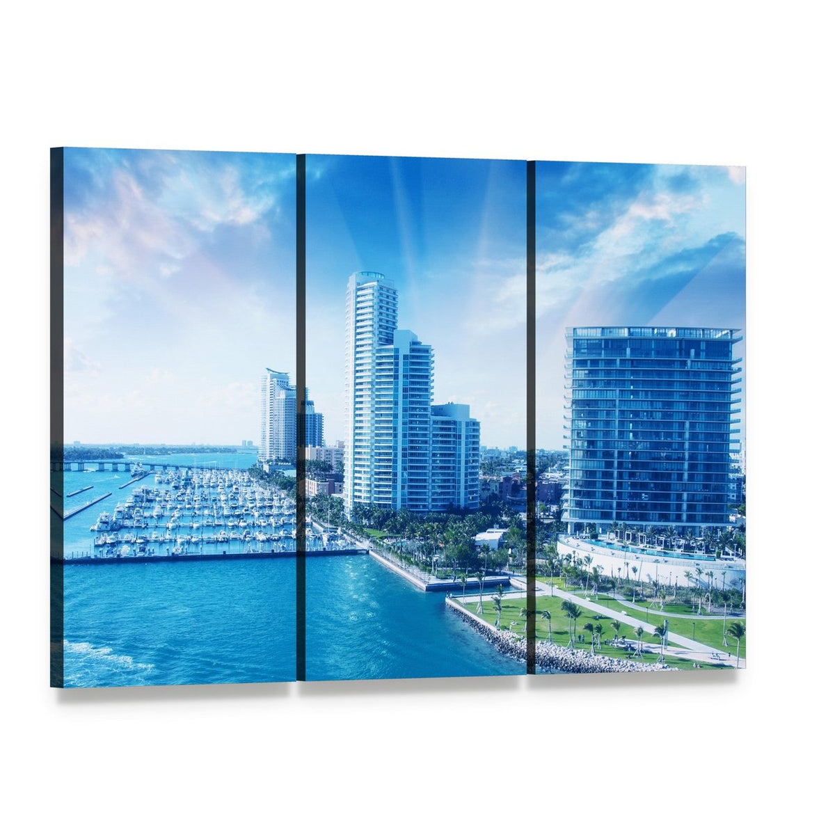 Miami Waterfront Marina Cityscape Canvas Wall Art, 3 panel 3 Horizontal layout gallery wrapped canvas set, angled product view