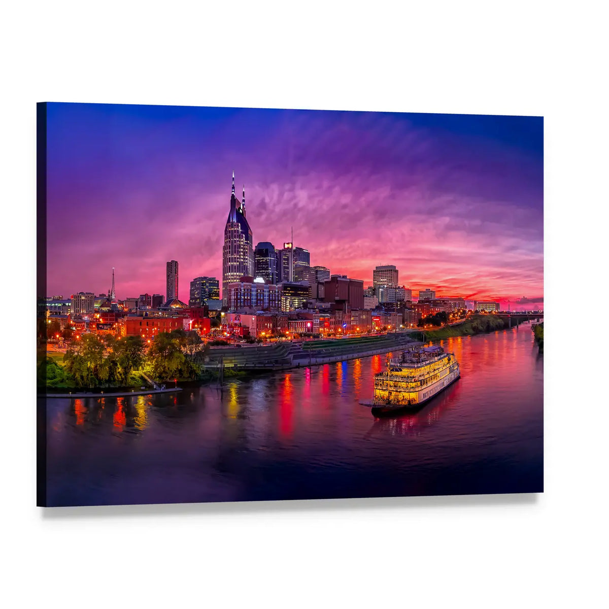 Nashville Skyline at Sunset with Paddlewheel Boat Canvas Wall Art, single panel gallery wrapped canvas, angled product view
