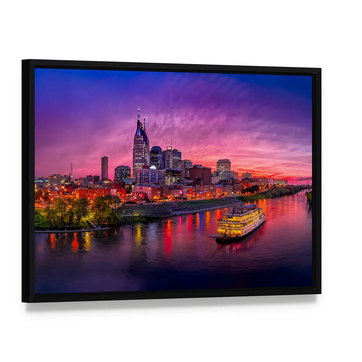 Nashville Skyline at Sunset with Paddlewheel Boat Canvas Wall Art, framed canvas in a black floater frame, angled product view