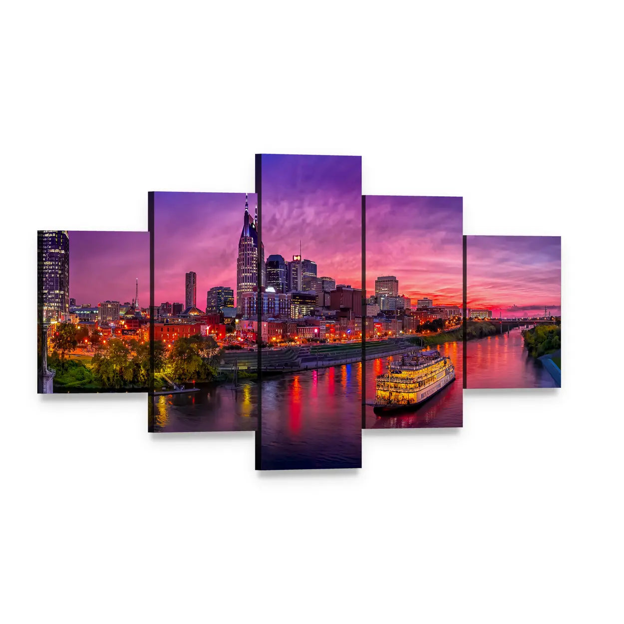 Nashville Skyline at Sunset with Paddlewheel Boat Canvas Wall Art, 5 panel 5 Star layout gallery wrapped canvas set, angled product view