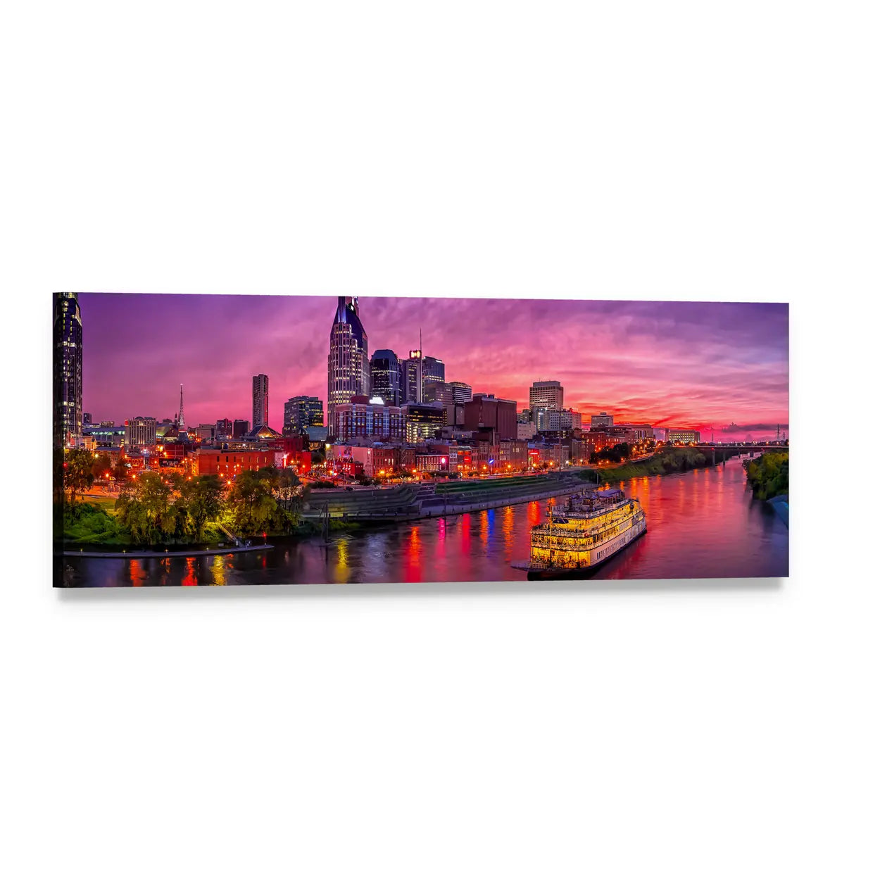 Nashville Skyline at Sunset with Riverboat Panoramic Canvas Wall Art, single panel gallery wrapped canvas, angled product view