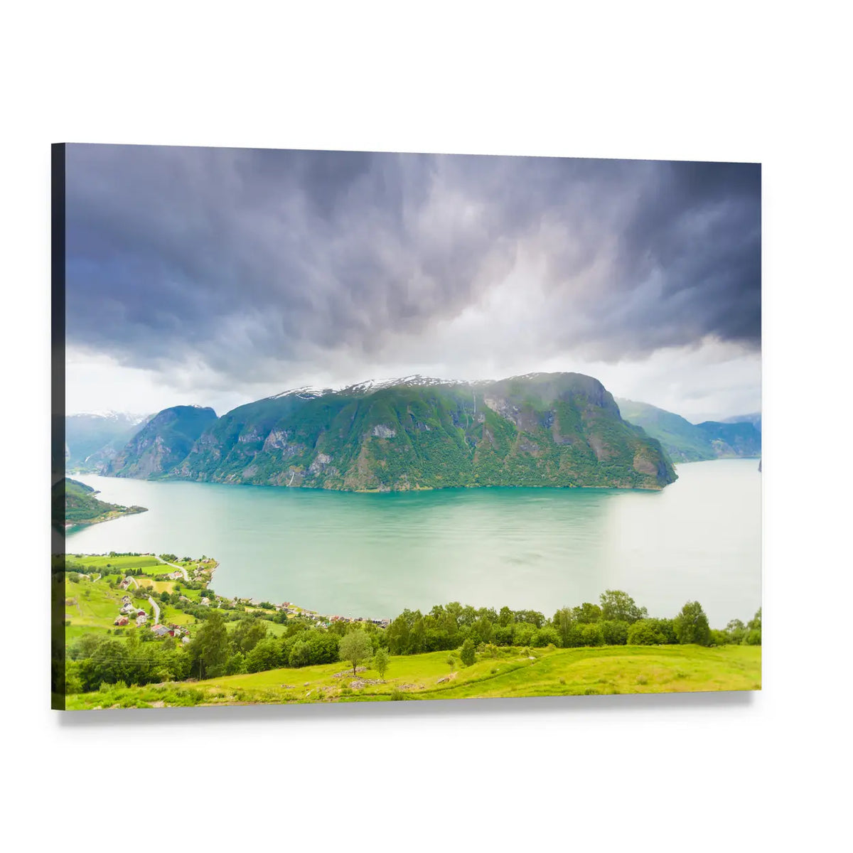 Norwegian Fjord with Emerald Water Canvas Wall Art, single panel gallery wrapped canvas, angled product view