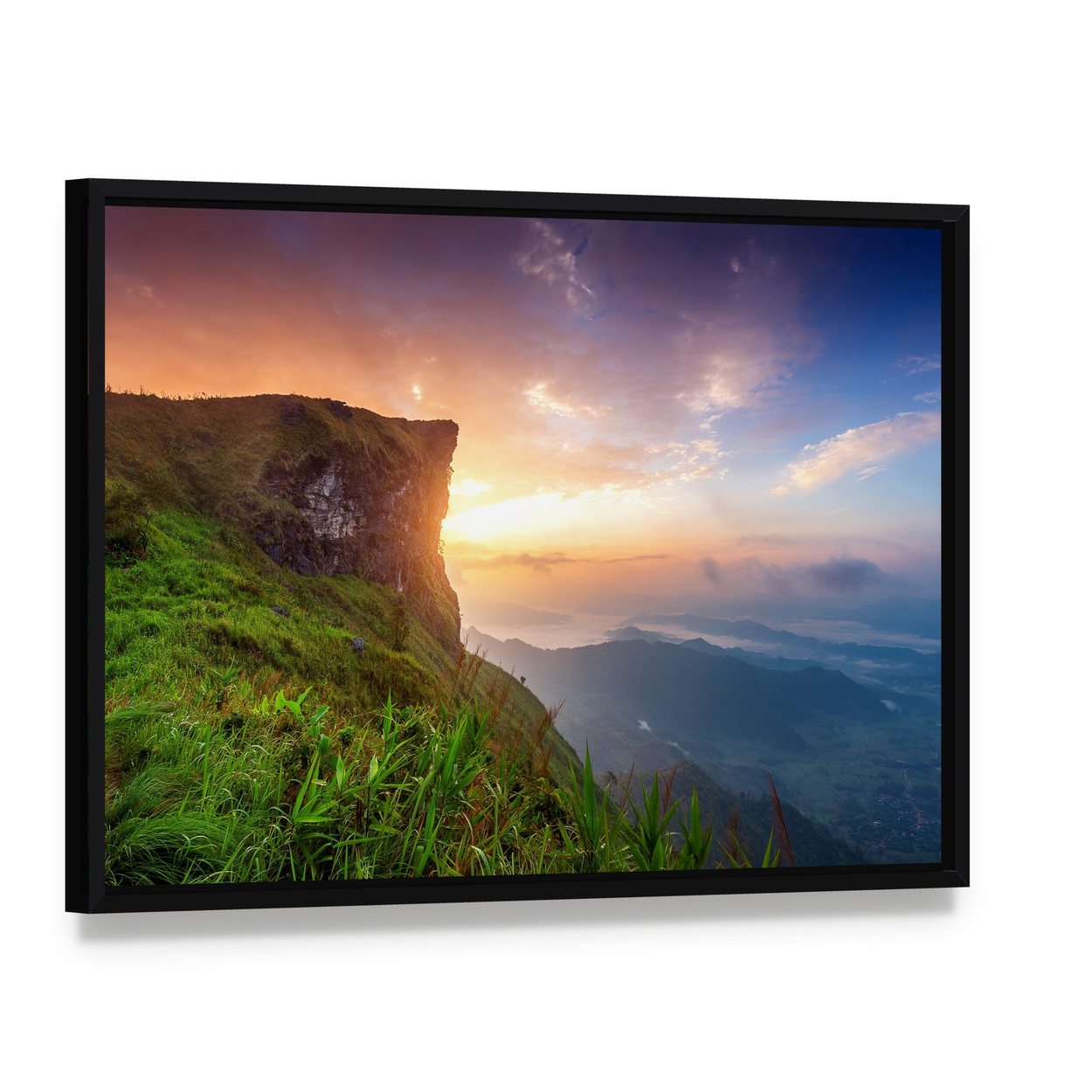 Phu Chi Fa Sunrise Cliff View Canvas Wall Art, framed canvas in a black floater frame, angled product view