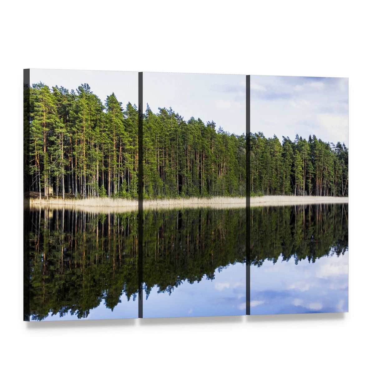 Forest Reflection on Lake Canvas Wall Art, 3 panel 3 Horizontal layout gallery wrapped canvas set, angled product view