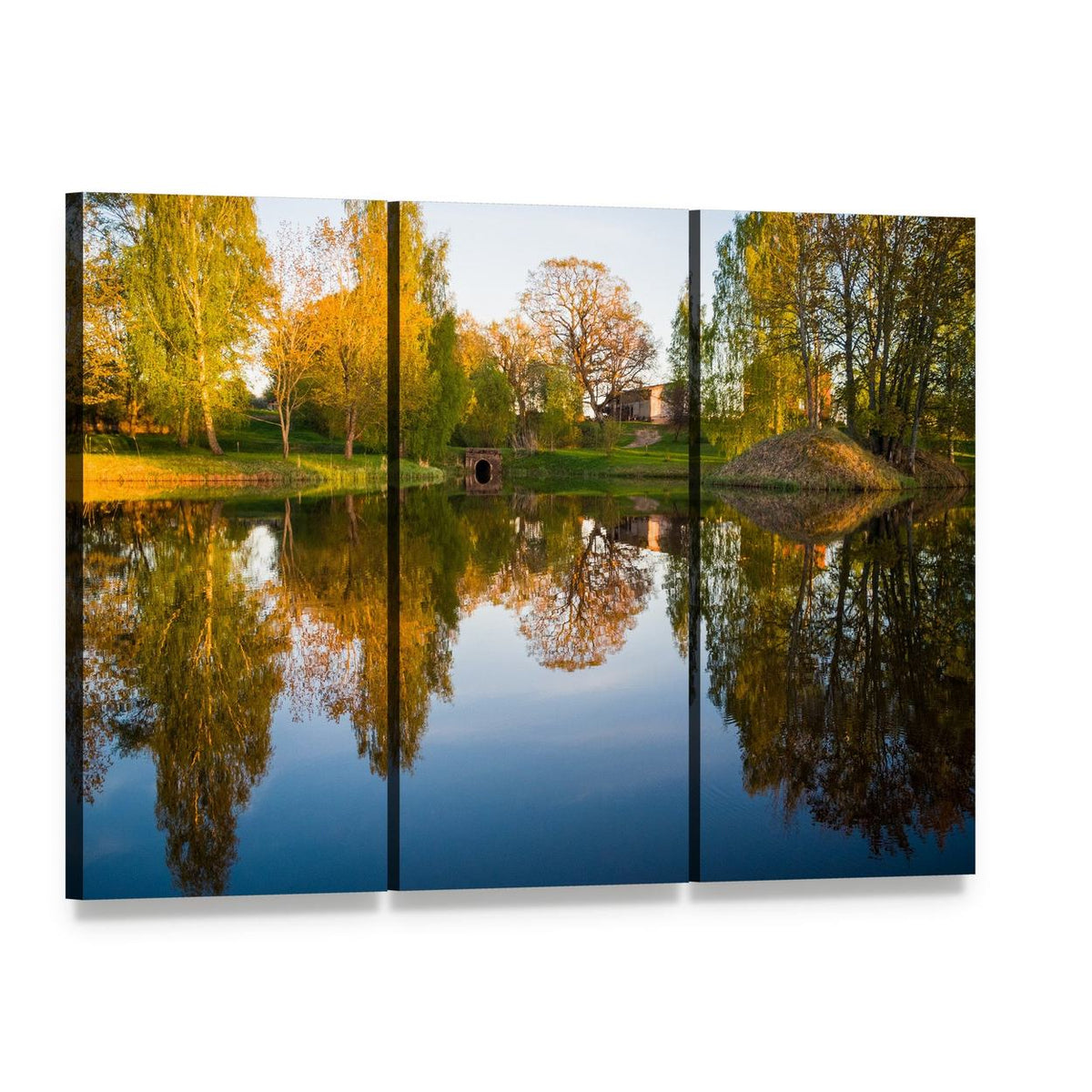 Golden Hour Trees Reflected in Lake Canvas Wall Art, 3 panel 3 Horizontal layout gallery wrapped canvas set, angled product view