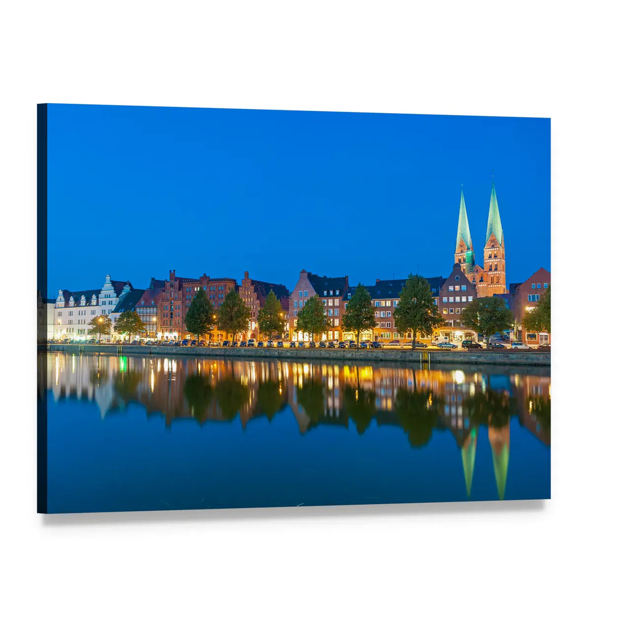 Untertrave River and Twin-spired Cathedral Canvas Wall Art, single panel gallery wrapped canvas, angled product view