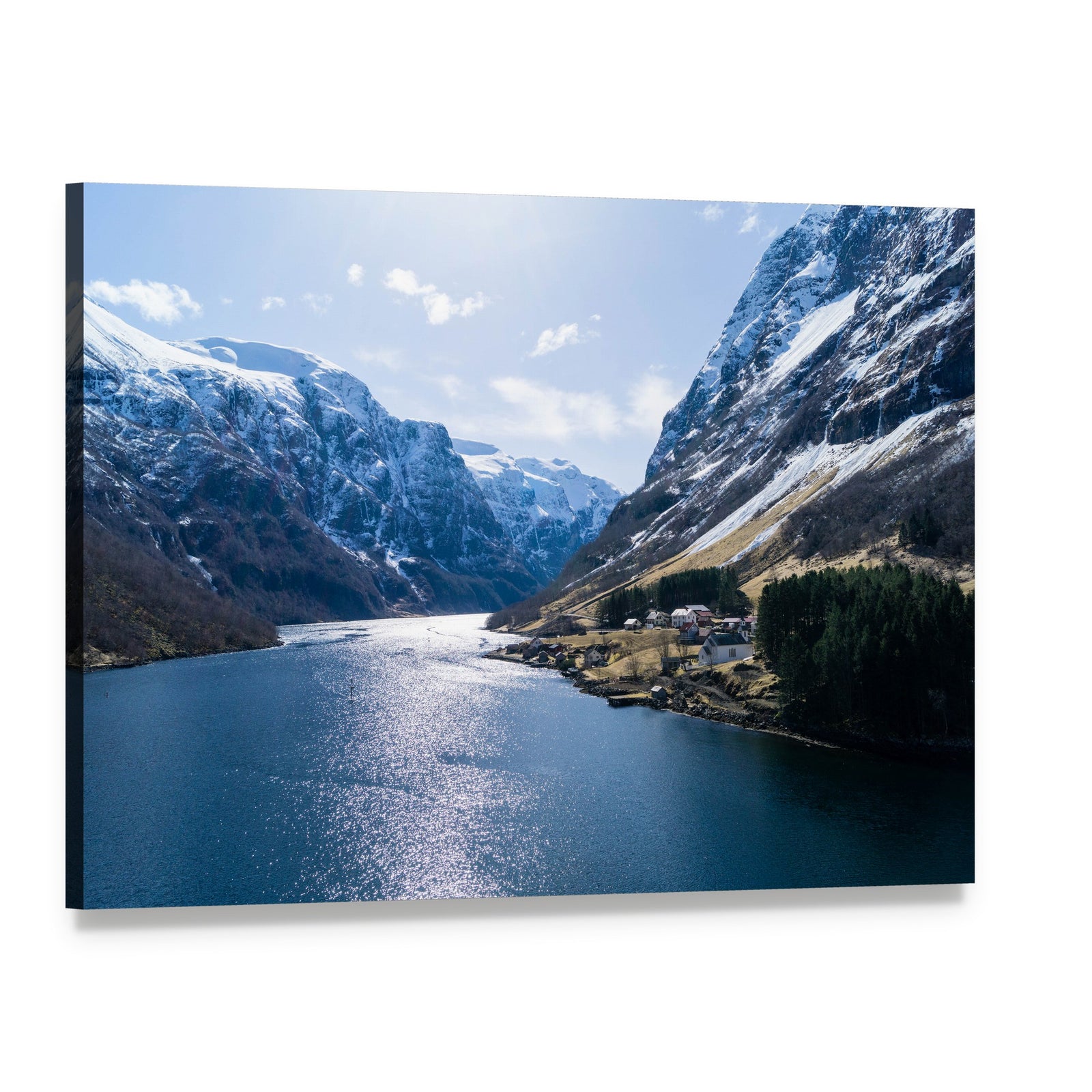 Ardal Fjord Village in Winter Canvas Wall Art, single panel gallery wrapped canvas, angled product view