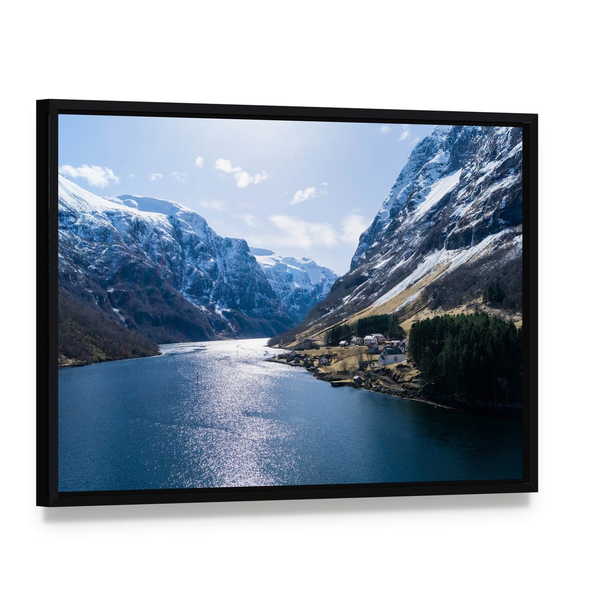 Ardal Fjord Village in Winter Canvas Wall Art, framed canvas in a black floater frame, angled product view