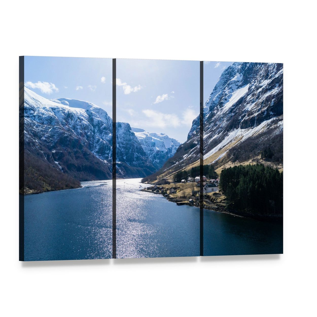 Ardal Fjord Village in Winter Canvas Wall Art, 3 panel 3 Horizontal layout gallery wrapped canvas set, angled product view