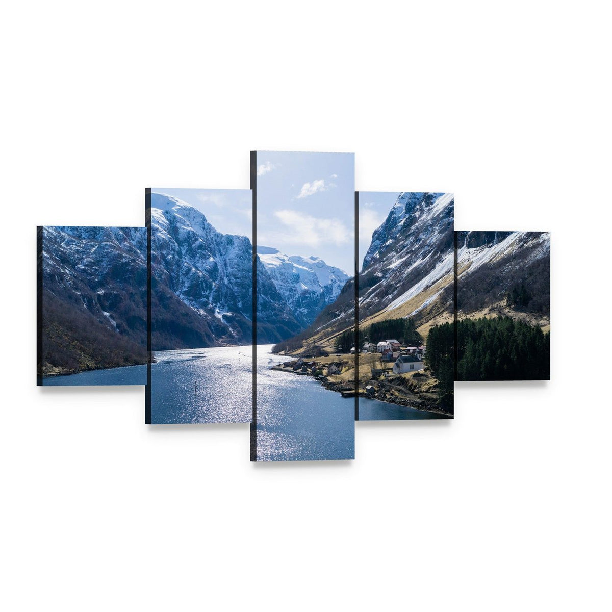 Ardal Fjord Village in Winter Canvas Wall Art, 5 panel 5 Star layout gallery wrapped canvas set, angled product view