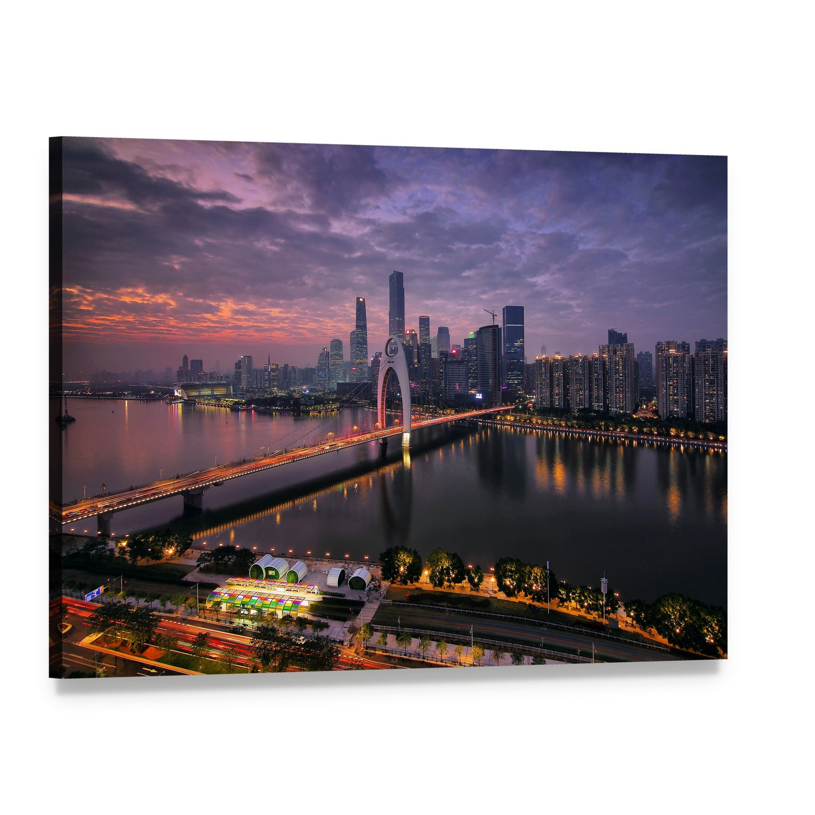 Pearl River New Town Dusk Skyline Canvas Wall Art, single panel gallery wrapped canvas, angled product view