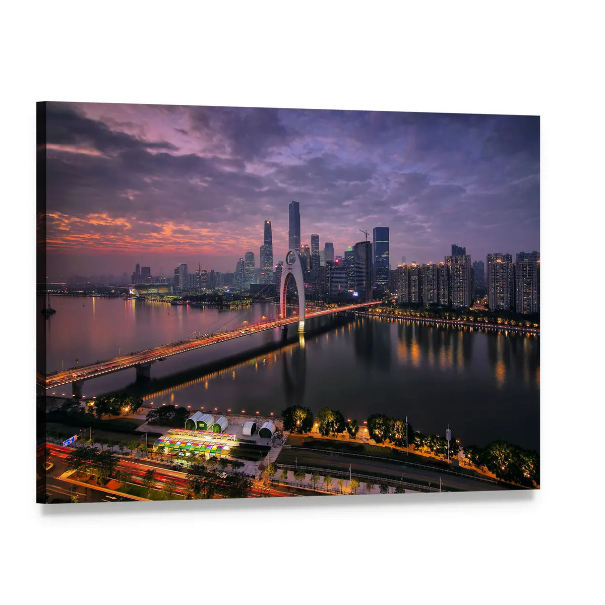 Riverside Skyline with Illuminated Bridge Canvas Wall Art, single panel gallery wrapped canvas, angled product view