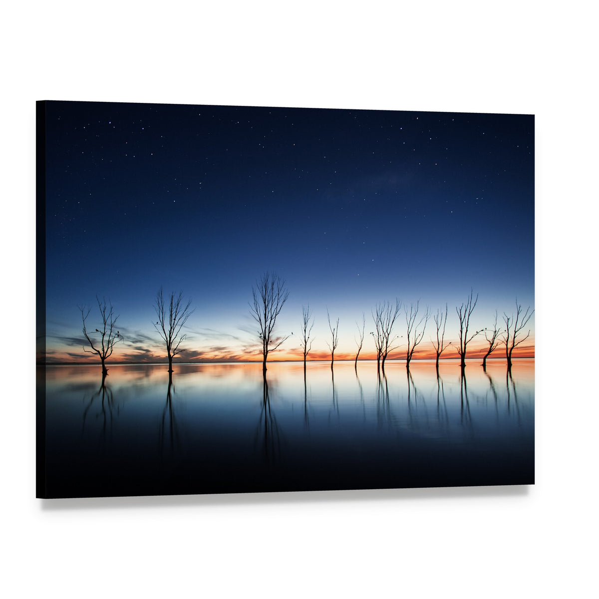 Mystic Lake at Dusk Canvas Wall Art, single panel gallery wrapped canvas, angled product view