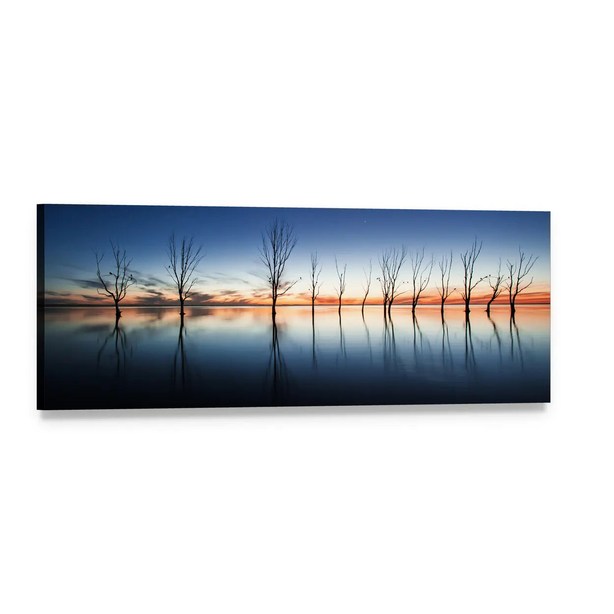 Mystic Lake Reflection at Sunrise Panoramic Canvas Wall Art, single panel gallery wrapped canvas, angled product view