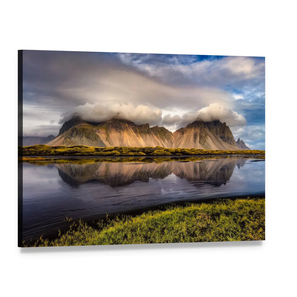 Vestrahorn Mountain Reflection Canvas Wall Art, single panel gallery wrapped canvas, angled product view