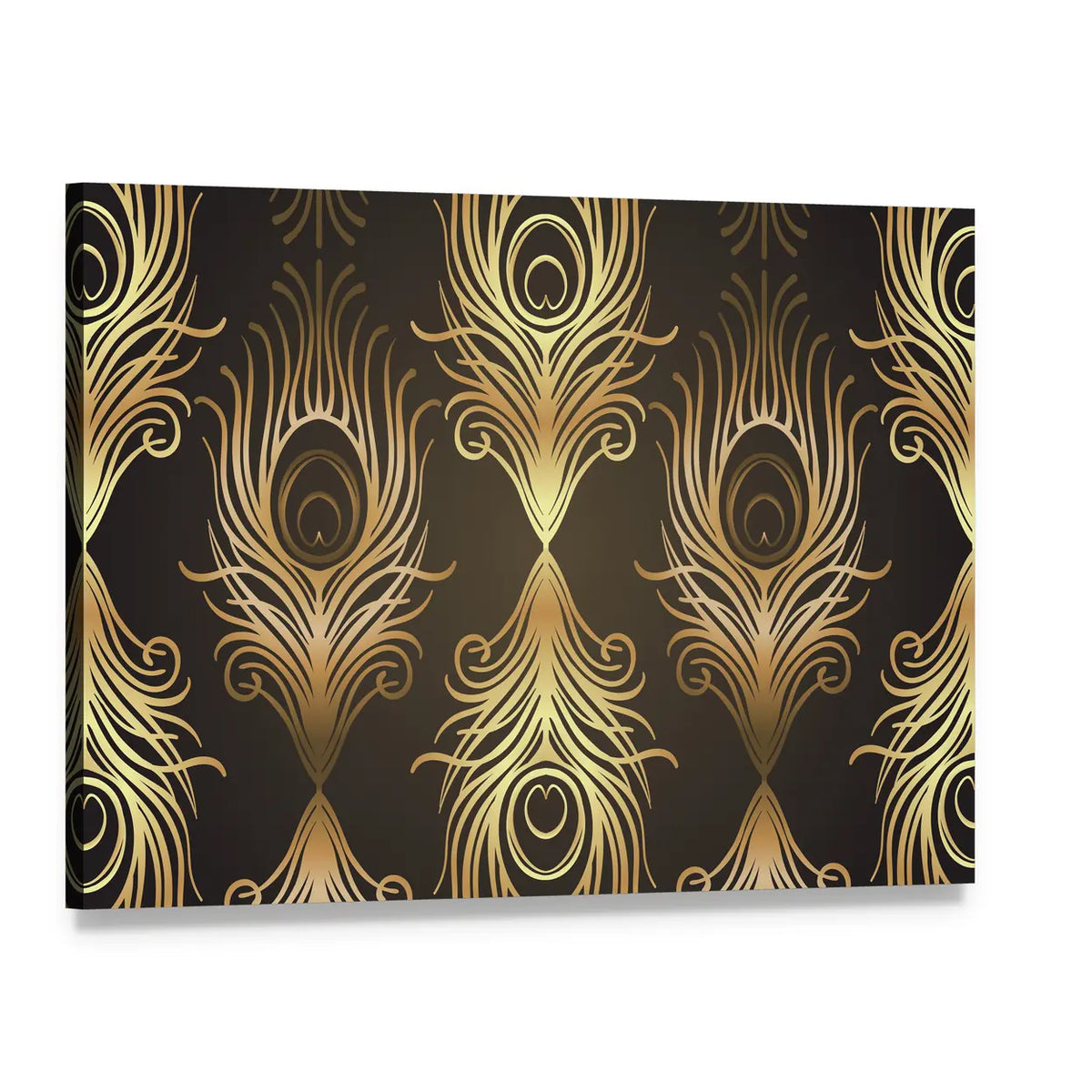 Gold and Black Peacock Feather Mandala Canvas Wall Art, single panel gallery wrapped canvas, angled product view