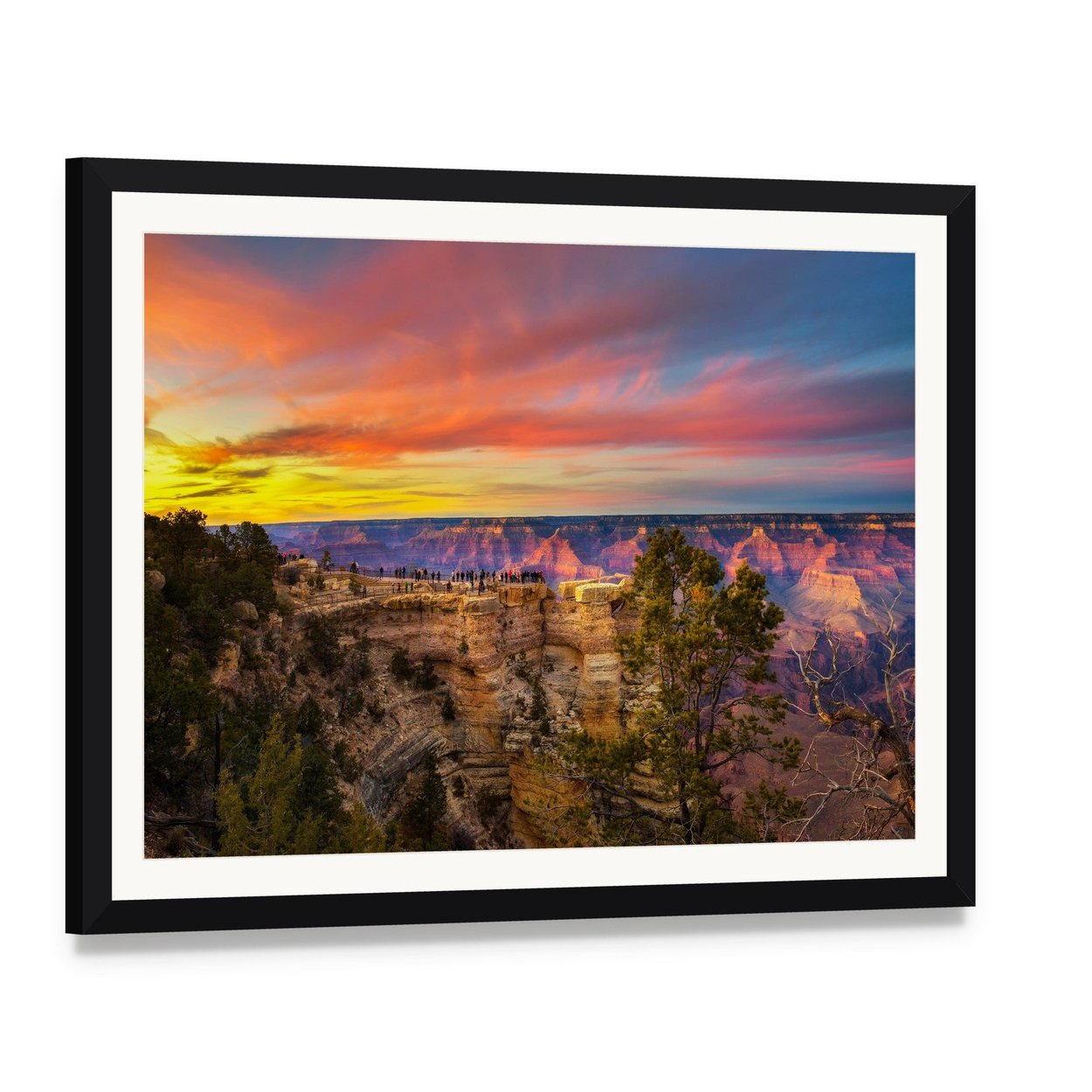 Mather Point at Grand Canyon Sunset Canvas Wall Art, framed print with white mat and black frame, angled product view