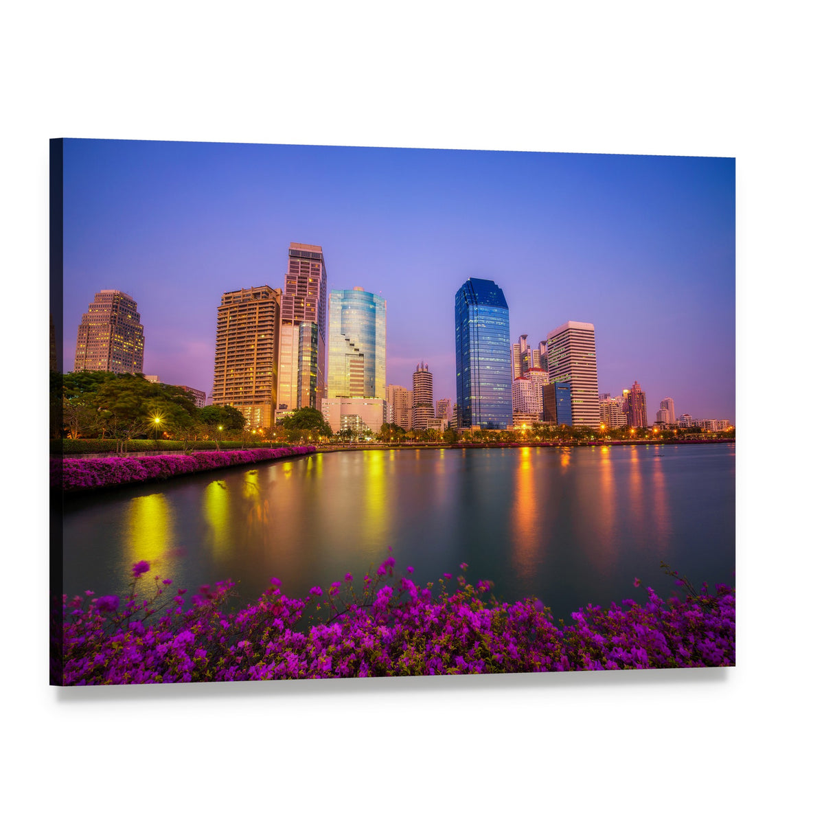 Benjakitti Park Bangkok Dusk Reflections Canvas Wall Art, single panel gallery wrapped canvas, angled product view