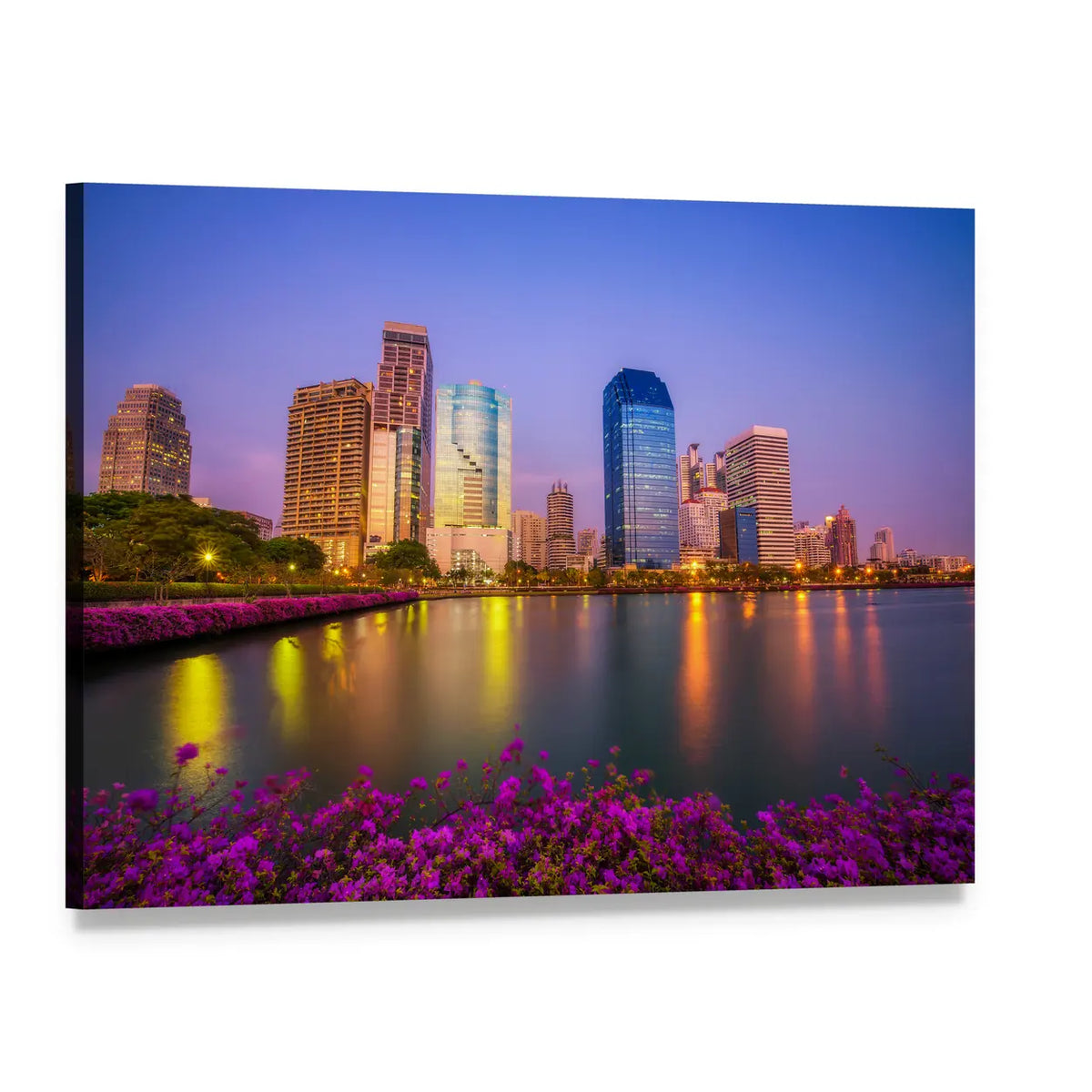 Benjakitti Park Bangkok Twilight Skyline Canvas Wall Art, single panel gallery wrapped canvas, angled product view