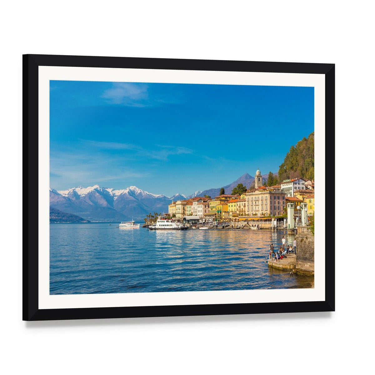 Small Village on Lake Como Canvas Wall Art, framed print with white mat and black frame, angled product view