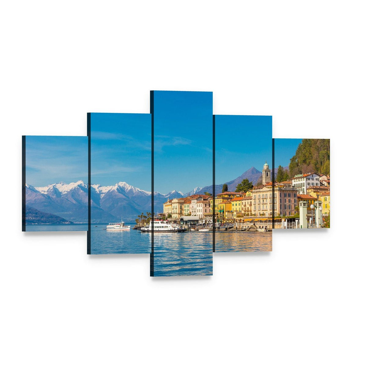 Small Village on Lake Como Canvas Wall Art, 5 panel 5 Star layout gallery wrapped canvas set, angled product view