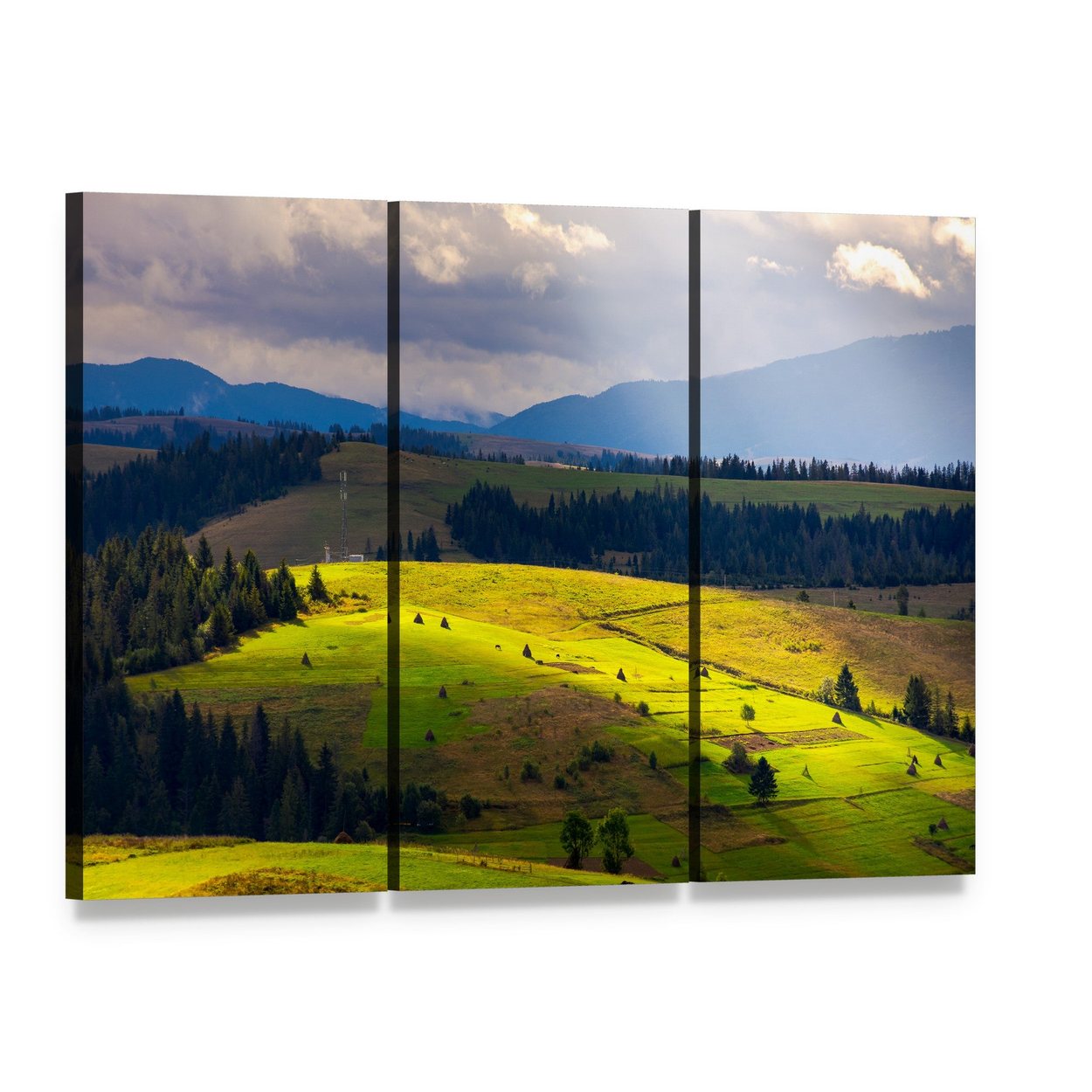 Sunlit Mountain Valley with Haystacks Canvas Wall Art, 3 panel 3 Horizontal layout gallery wrapped canvas set, angled product view