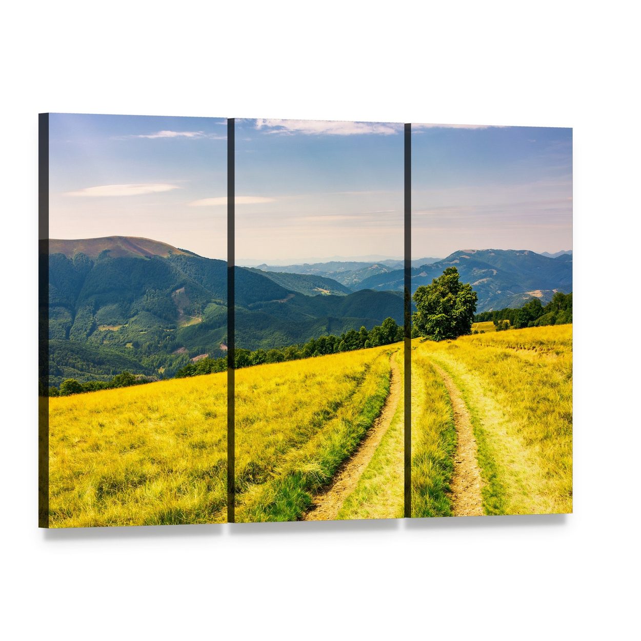 Winding Mountain Road Through Grassy Hills Canvas Wall Art, 3 panel 3 Horizontal layout gallery wrapped canvas set, angled product view