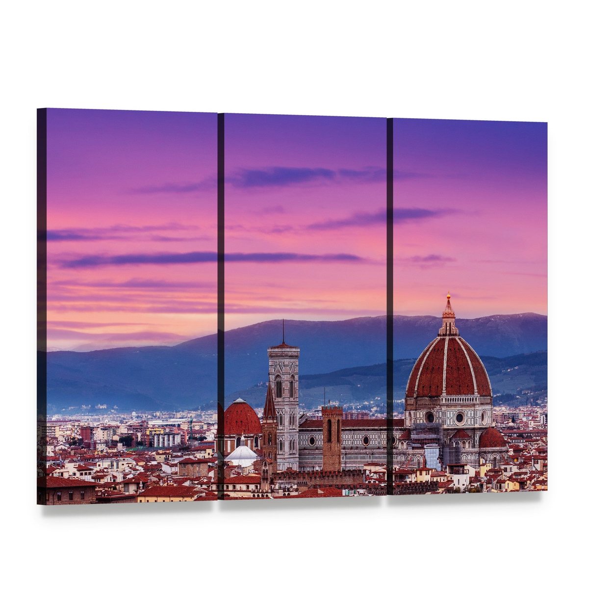 Florence Skyline at Sunset Canvas Wall Art, 3 panel 3 Horizontal layout gallery wrapped canvas set, angled product view