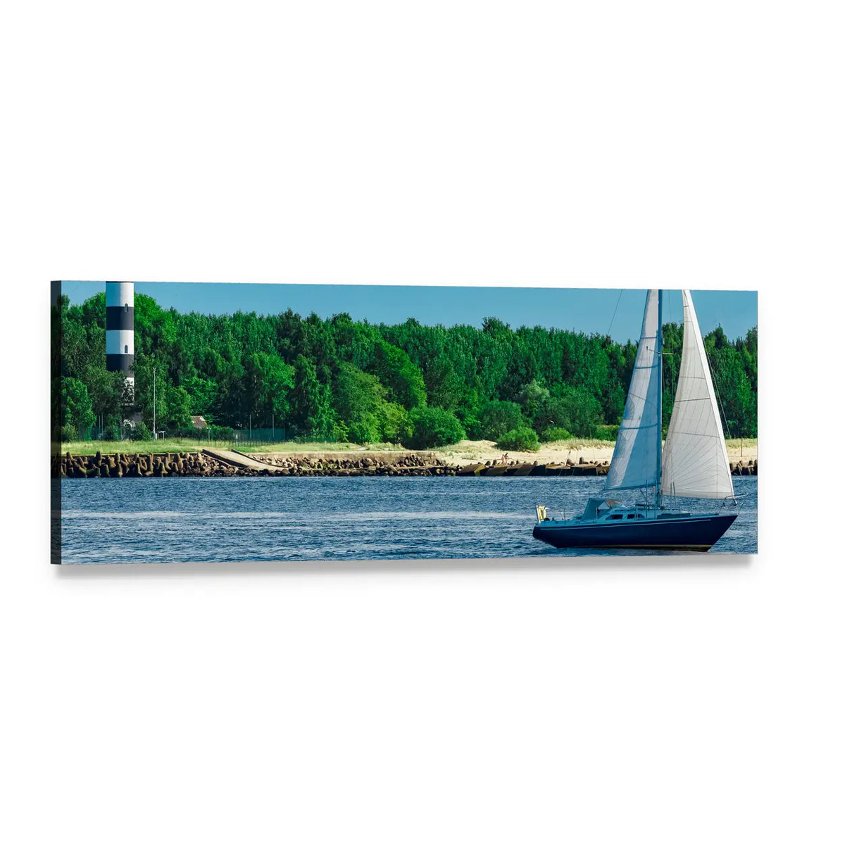 Blue Sailboat and Lighthouse Seascape Panoramic Canvas Wall Art, single panel gallery wrapped canvas, angled product view