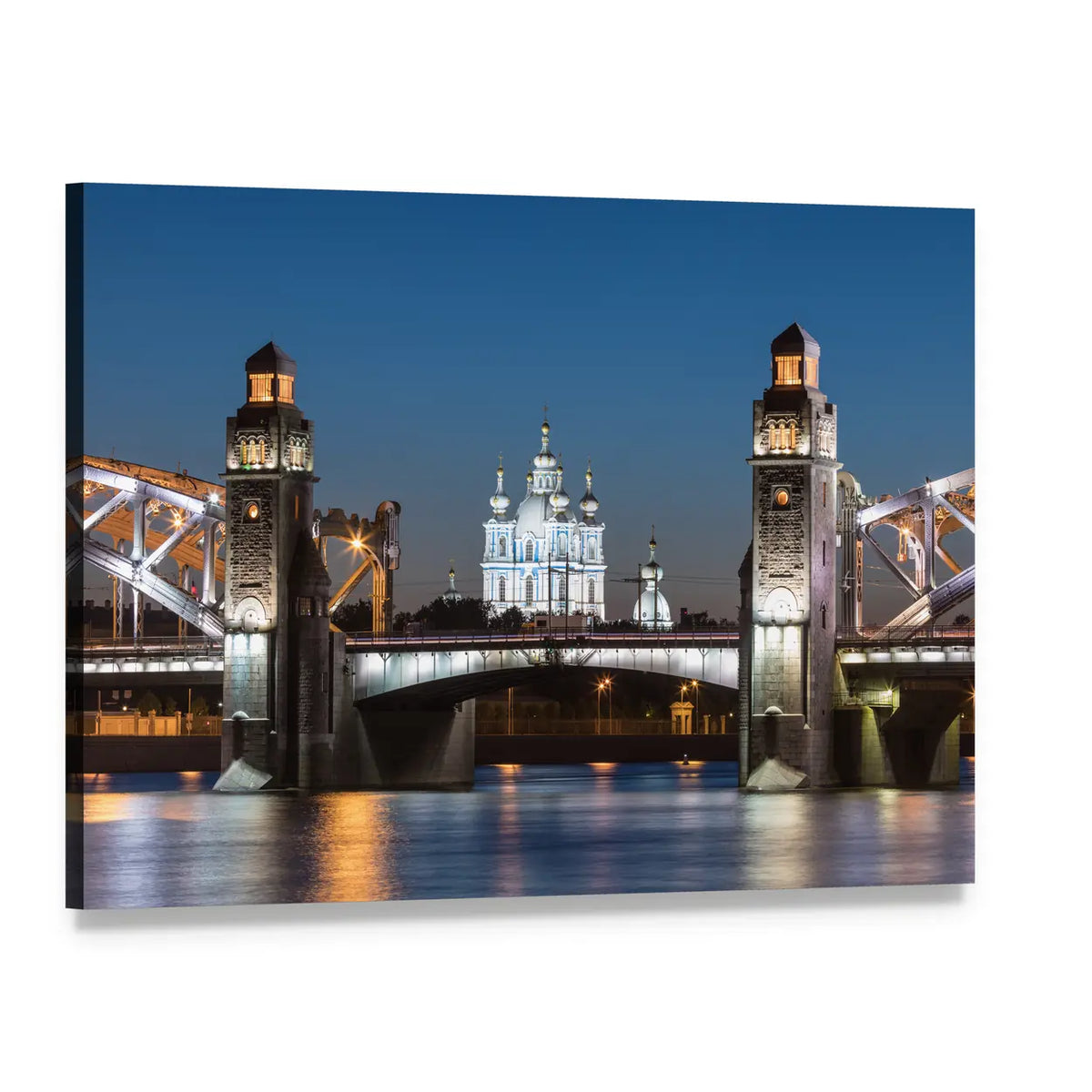 Peter the Great Bridge and Smolny Cathedral Canvas Wall Art, single panel gallery wrapped canvas, angled product view