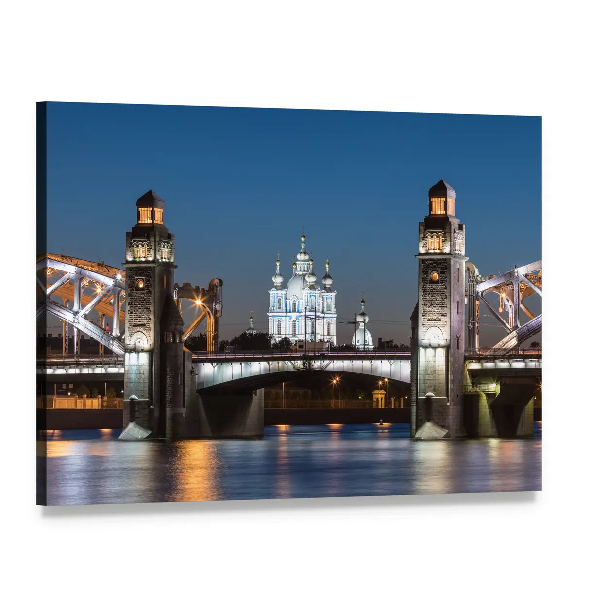 Peter the Great Bridge and Smolny Cathedral Canvas Wall Art, single panel gallery wrapped canvas, angled product view