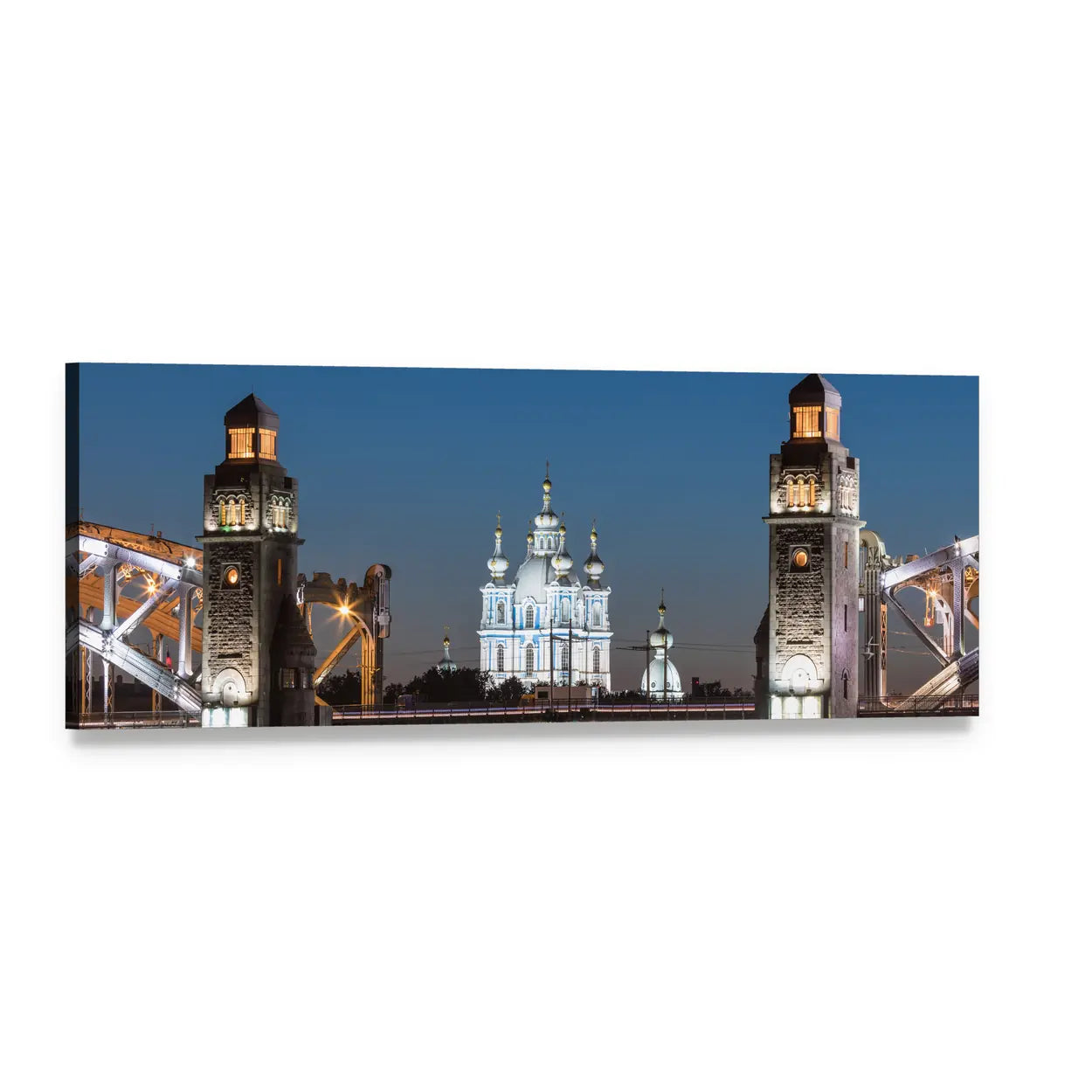 Smolny Cathedral Under Illuminated Bridge Towers Panoramic Canvas Wall Art, single panel gallery wrapped canvas, angled product view