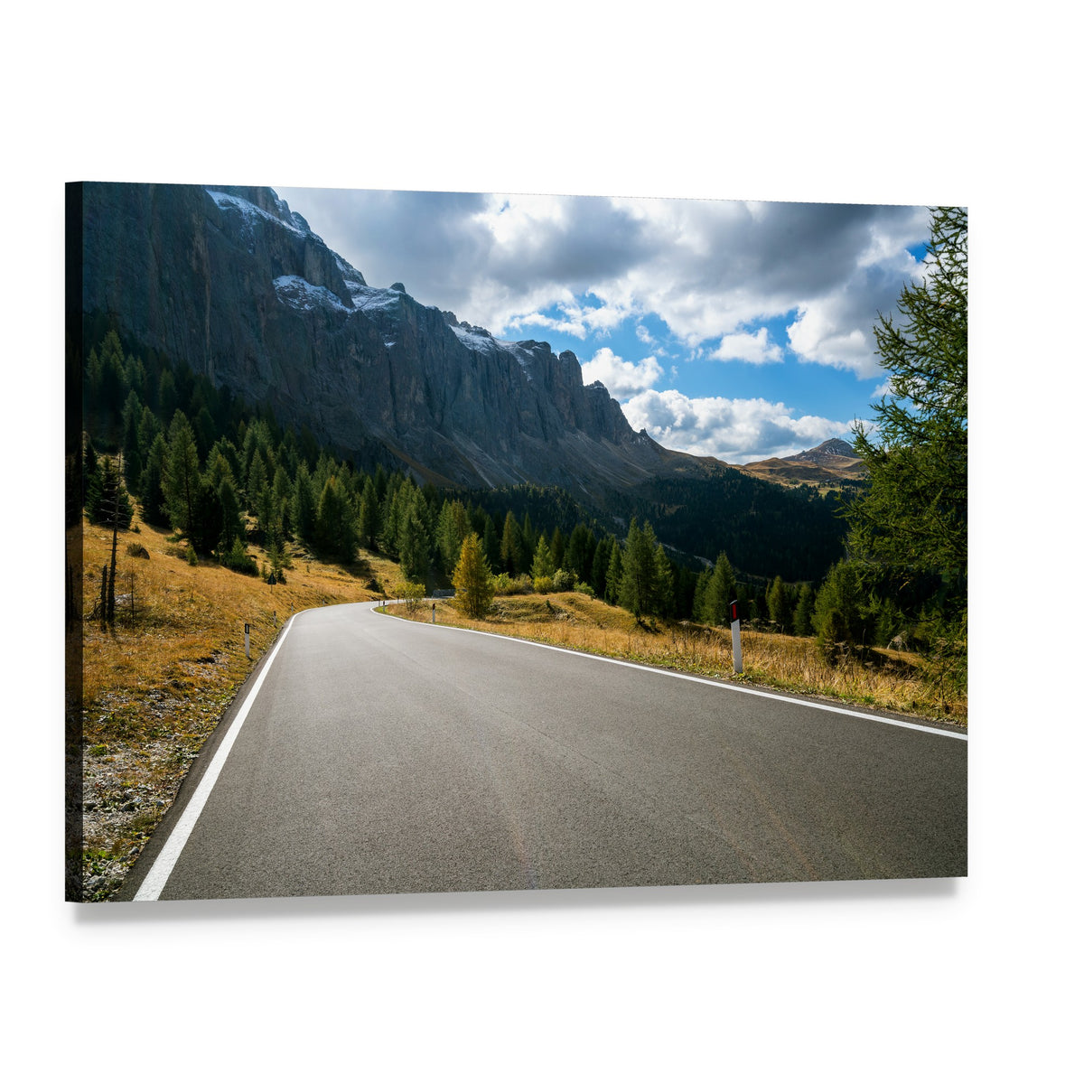 Winding Mountain Road Through Forest Canvas Wall Art, single panel gallery wrapped canvas, angled product view