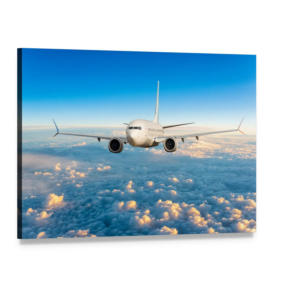Sunlit Twin-engine Jet Over Clouds Canvas Wall Art, single panel gallery wrapped canvas, angled product view