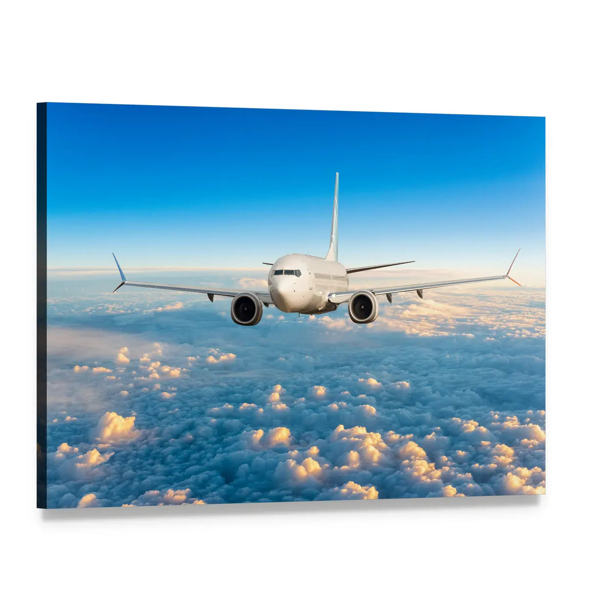 Sunlit Twin-engine Jet Over Clouds Canvas Wall Art, single panel gallery wrapped canvas, angled product view