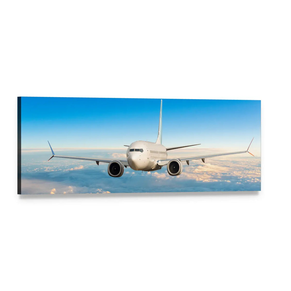 Twin-engine Jetliner in Flight Panoramic Canvas Wall Art, single panel gallery wrapped canvas, angled product view