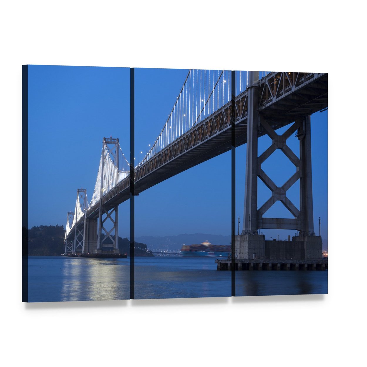 San Francisco Bay Bridge at Twilight Canvas Wall Art, 3 panel 3 Horizontal layout gallery wrapped canvas set, angled product view