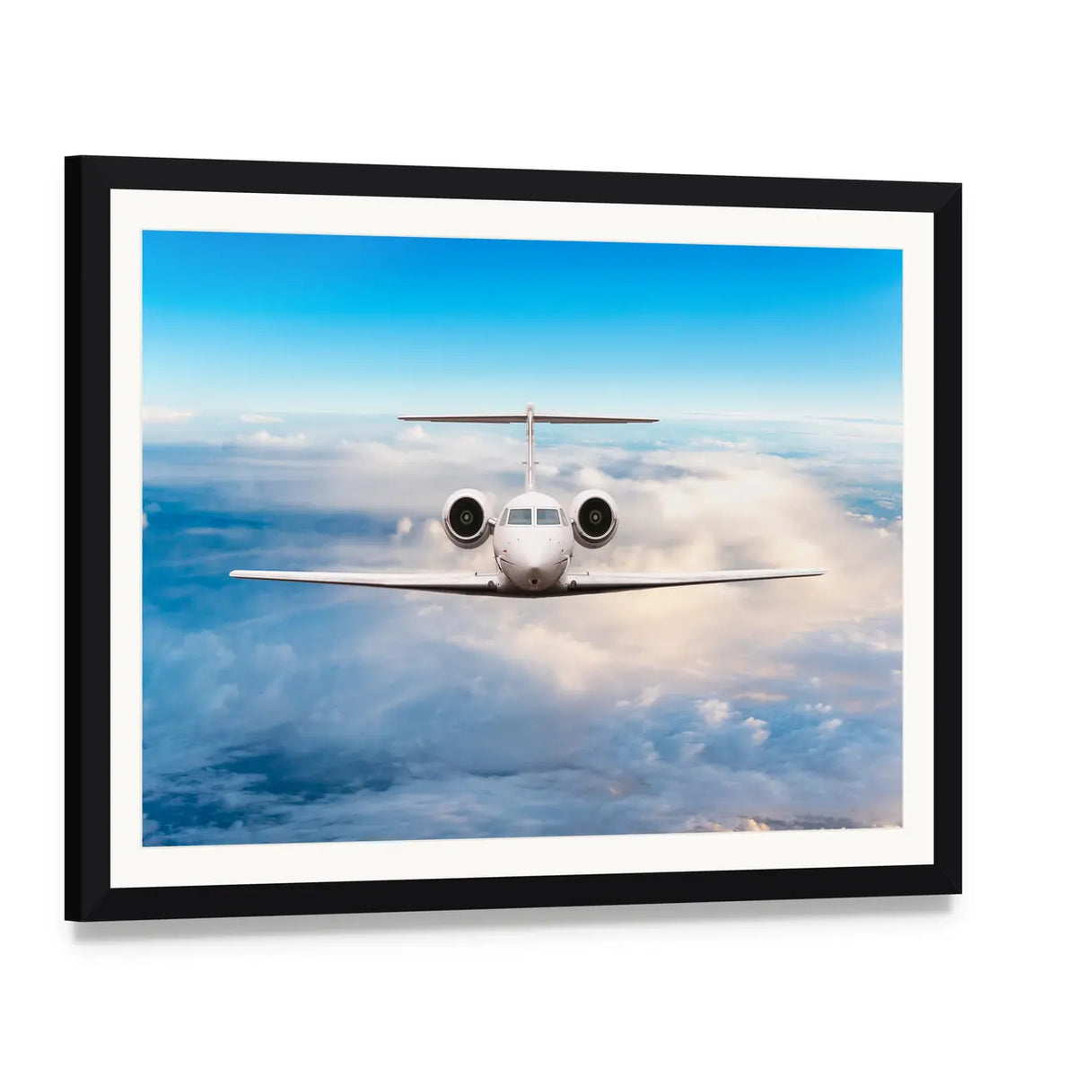 Private Jet in Flight Canvas Wall Art, framed print with white mat and black frame, angled product view